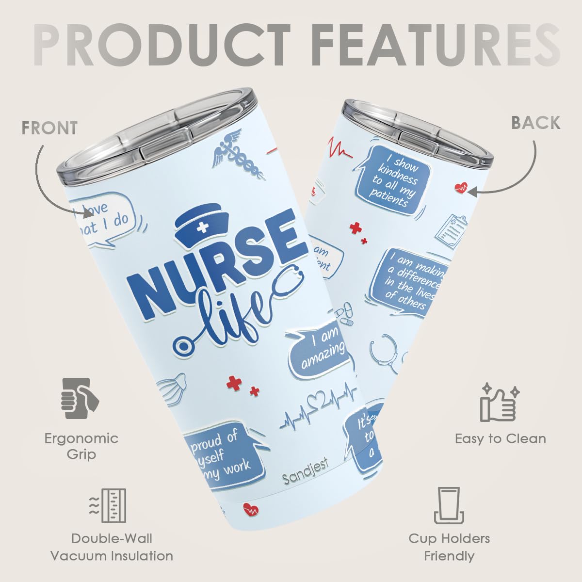 SANDJEST Nurses Tumbler 20oz front view emphasizes slim, cup-holder friendly profile