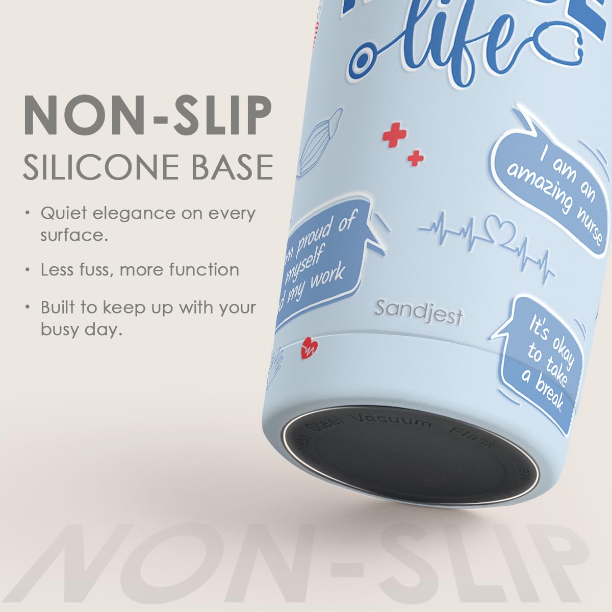 SANDJEST Nurses Tumbler 20oz on office desk showcases everyday reliability