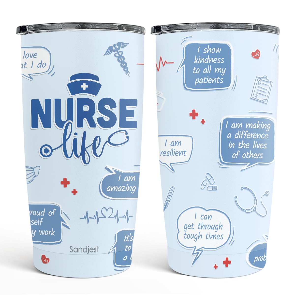SANDJEST Nurses Tumbler 20oz side view shows durable stainless steel and secure leak-resistant design