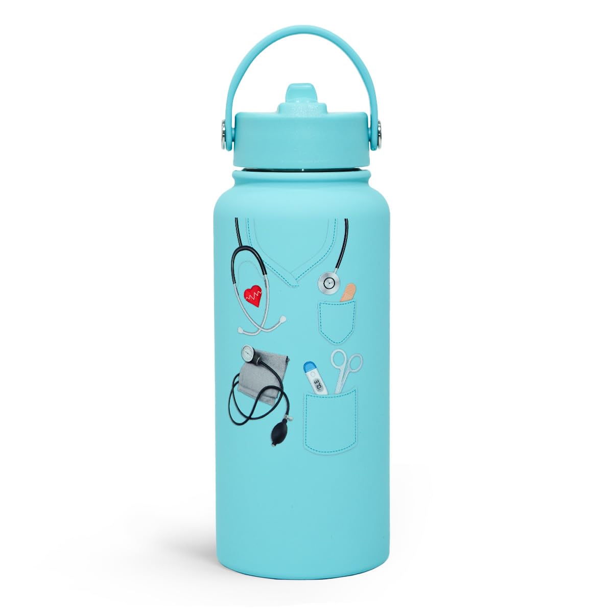 The SANDJEST Nutrition Facts Water Bottle 32oz in front view for on-the-go hydration.