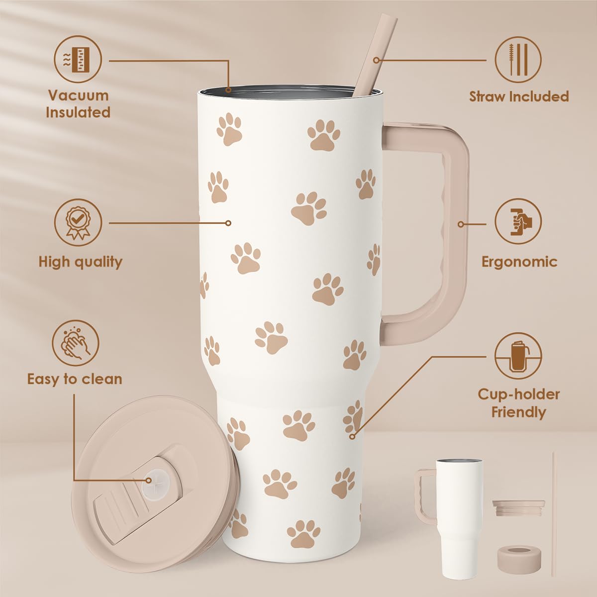 SANDJEST Paw Print Tumbler with Handle closed lid to prevent spills