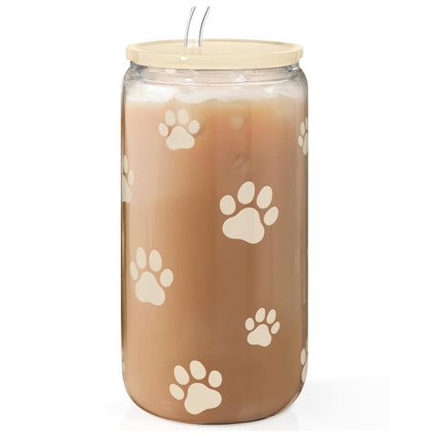 SANDJEST Paw Print tumbler closeup highlighting glass texture and durable lid.
