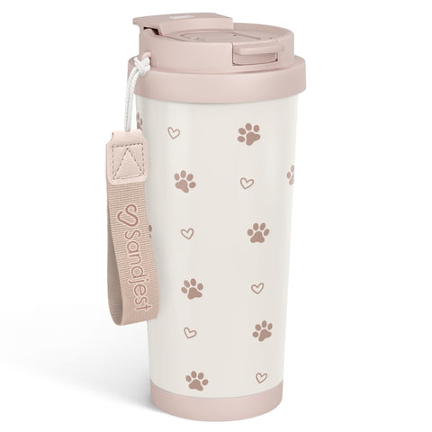 SANDJEST Paw Print Tumbler front view showing 18 oz capacity for daily coffee