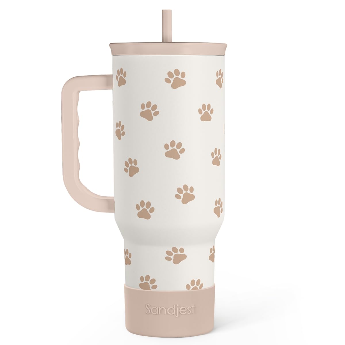 SANDJEST Paw Print Tumbler with Handle showing 40oz capacity for on-the-go hydration