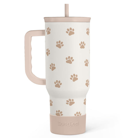 SANDJEST Paw Print Tumbler with Handle showing 40oz capacity for on-the-go hydration