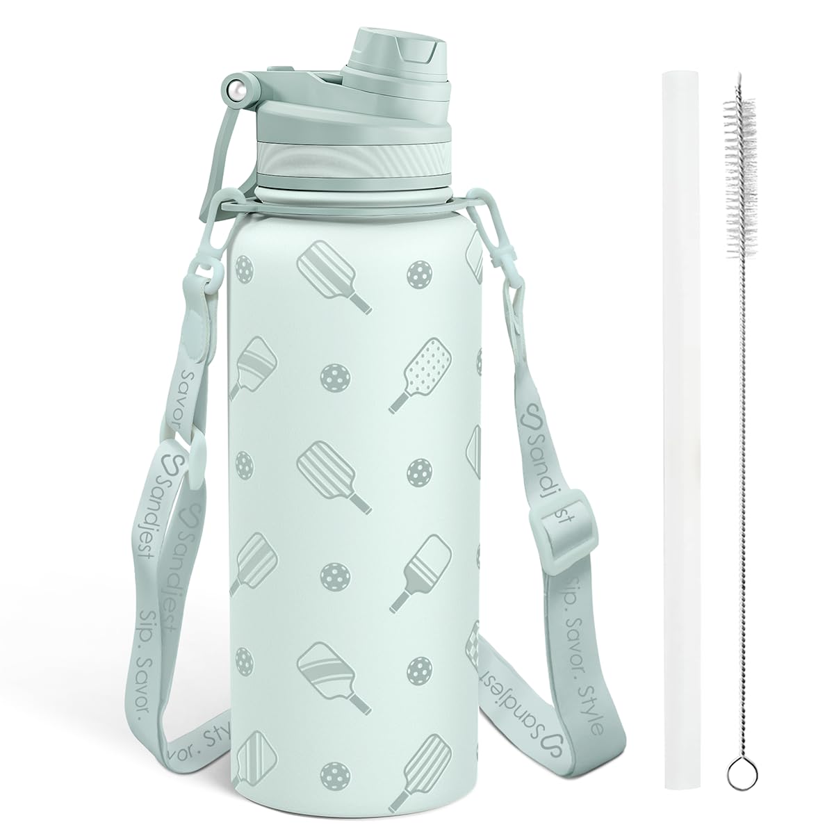 SANDJEST pickleball bottle front view with straw keeps drinks cold