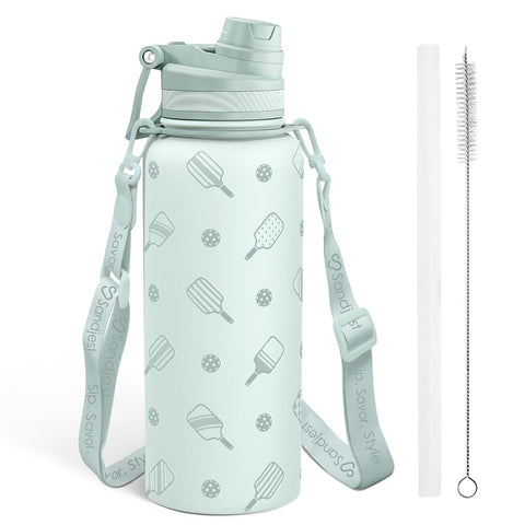 SANDJEST pickleball bottle front view with straw keeps drinks cold