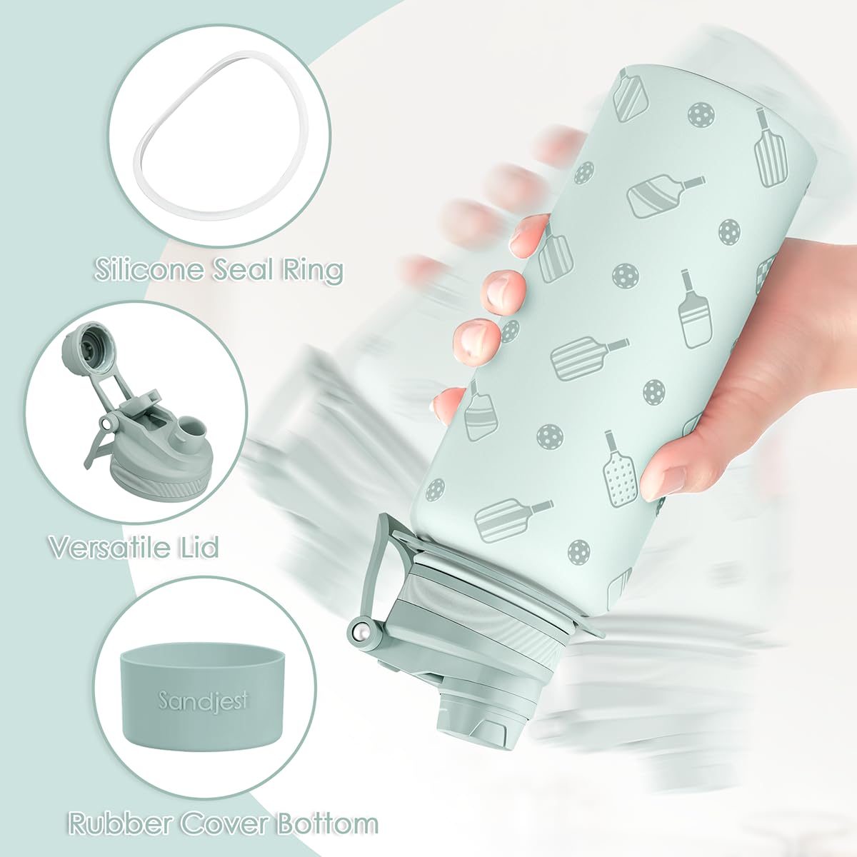 SANDJEST bottle side view with strap for hands-free carrying