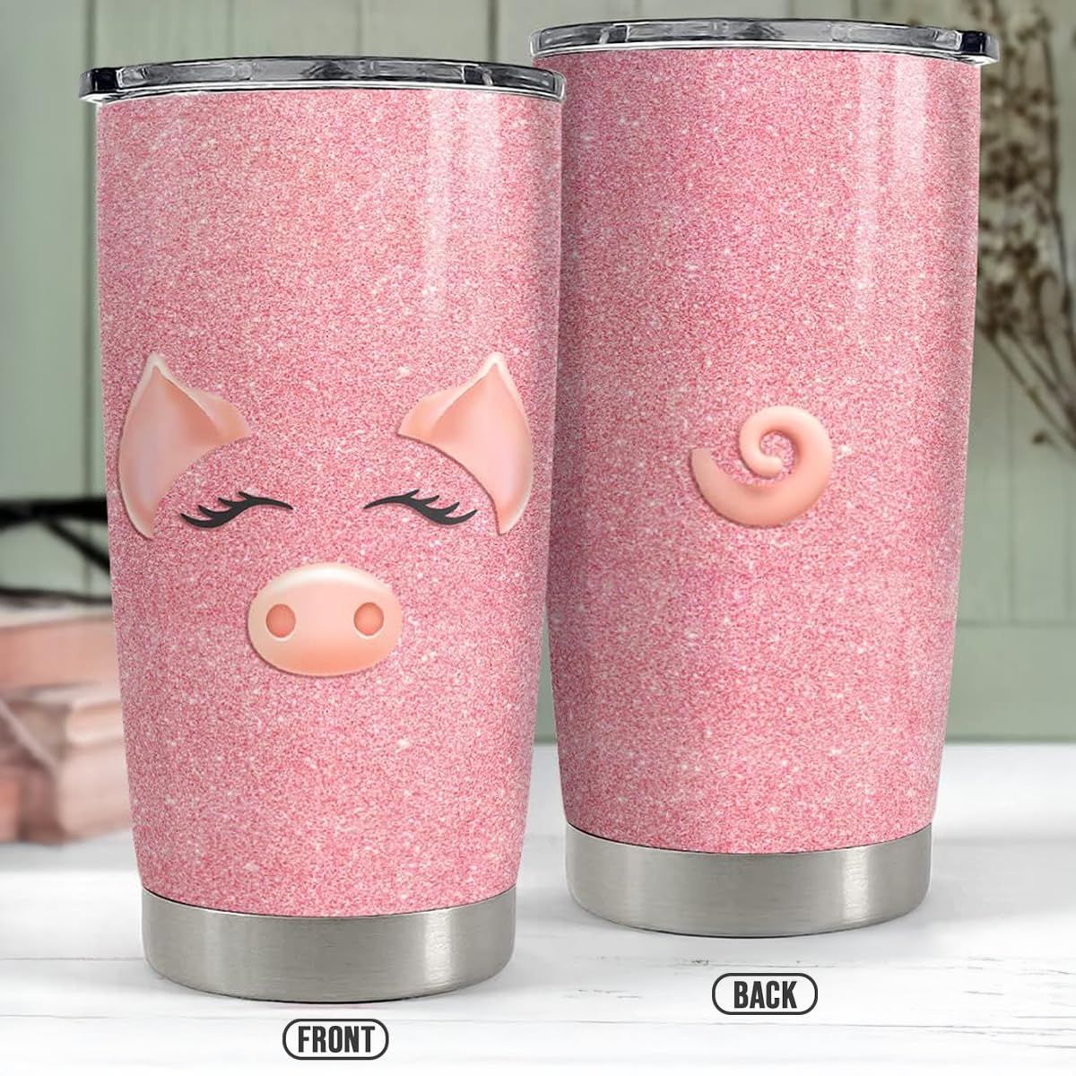 Close-up of the Sandjest Pig Tumbler Glitter showing its sparkly surface.