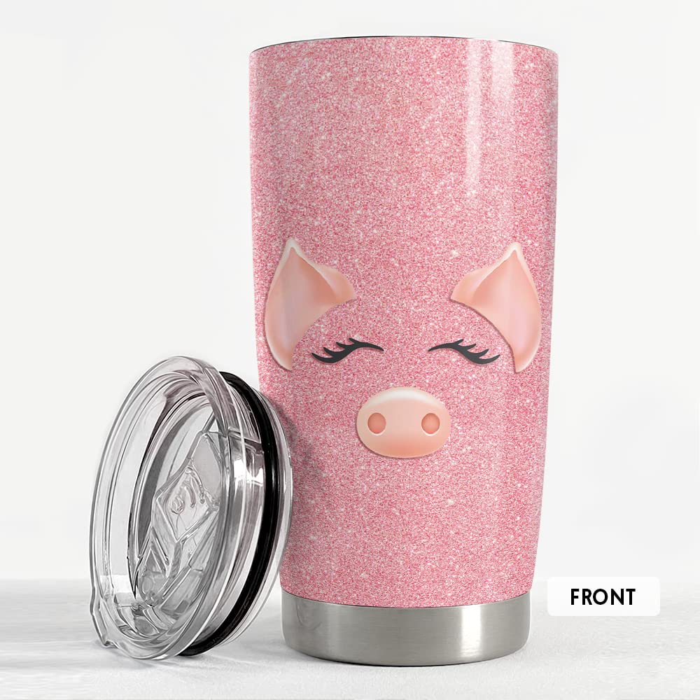 Sandjest Pig Tumbler Glitter on desk, ideal for hot coffee.