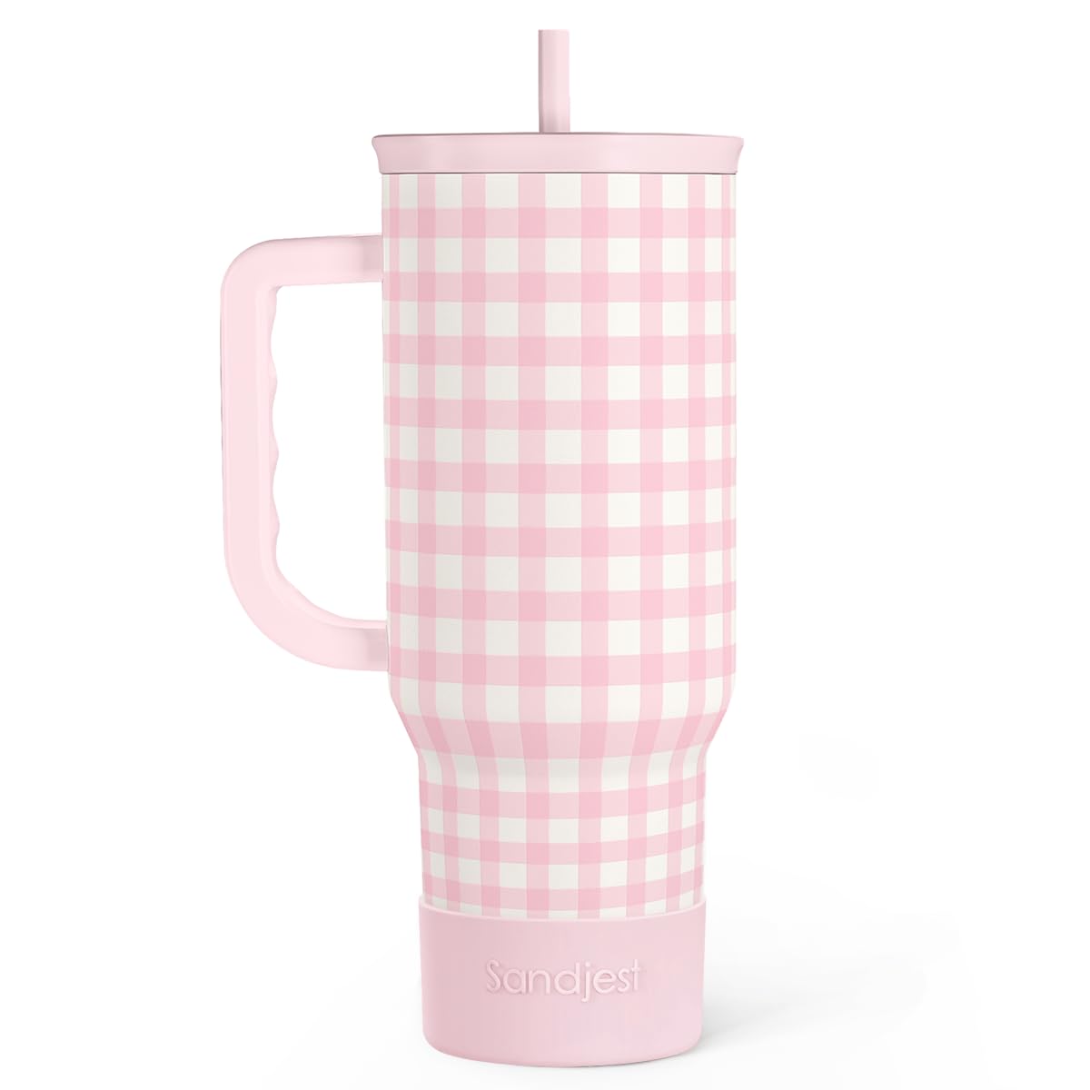 SANDJEST pink gingham 40oz slider tumbler with handle for all-day hydration.