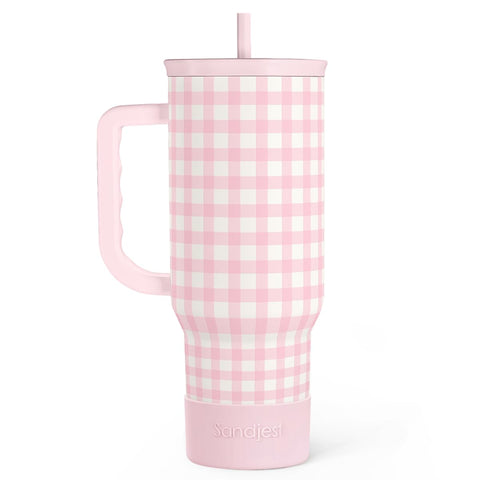 SANDJEST pink gingham 40oz slider tumbler with handle for all-day hydration.