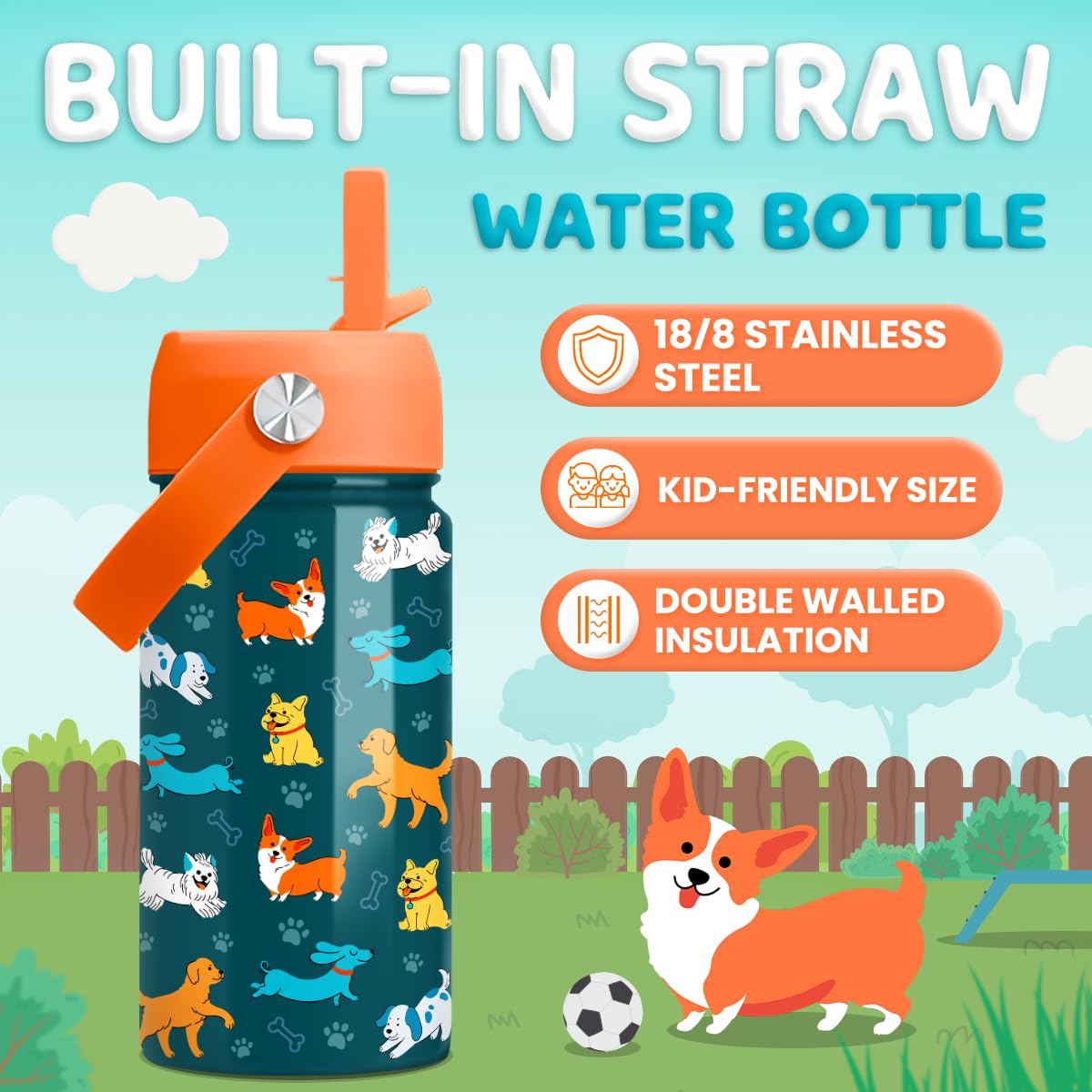 SANDJEST insulated stainless steel bottle keeps drinks cold for school days.