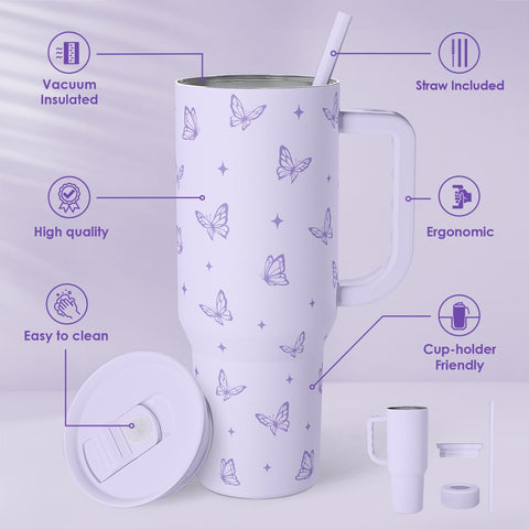 SandJest purple butterfly design tumbler adds style to any occasion.