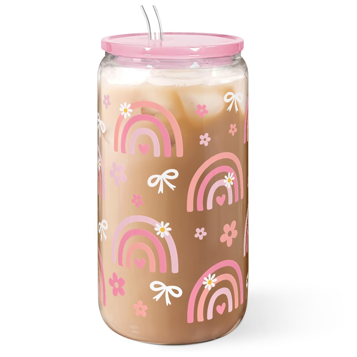 SANDJEST rainbow 16oz tumbler with lid and straw for vibrant, reusable iced drinks