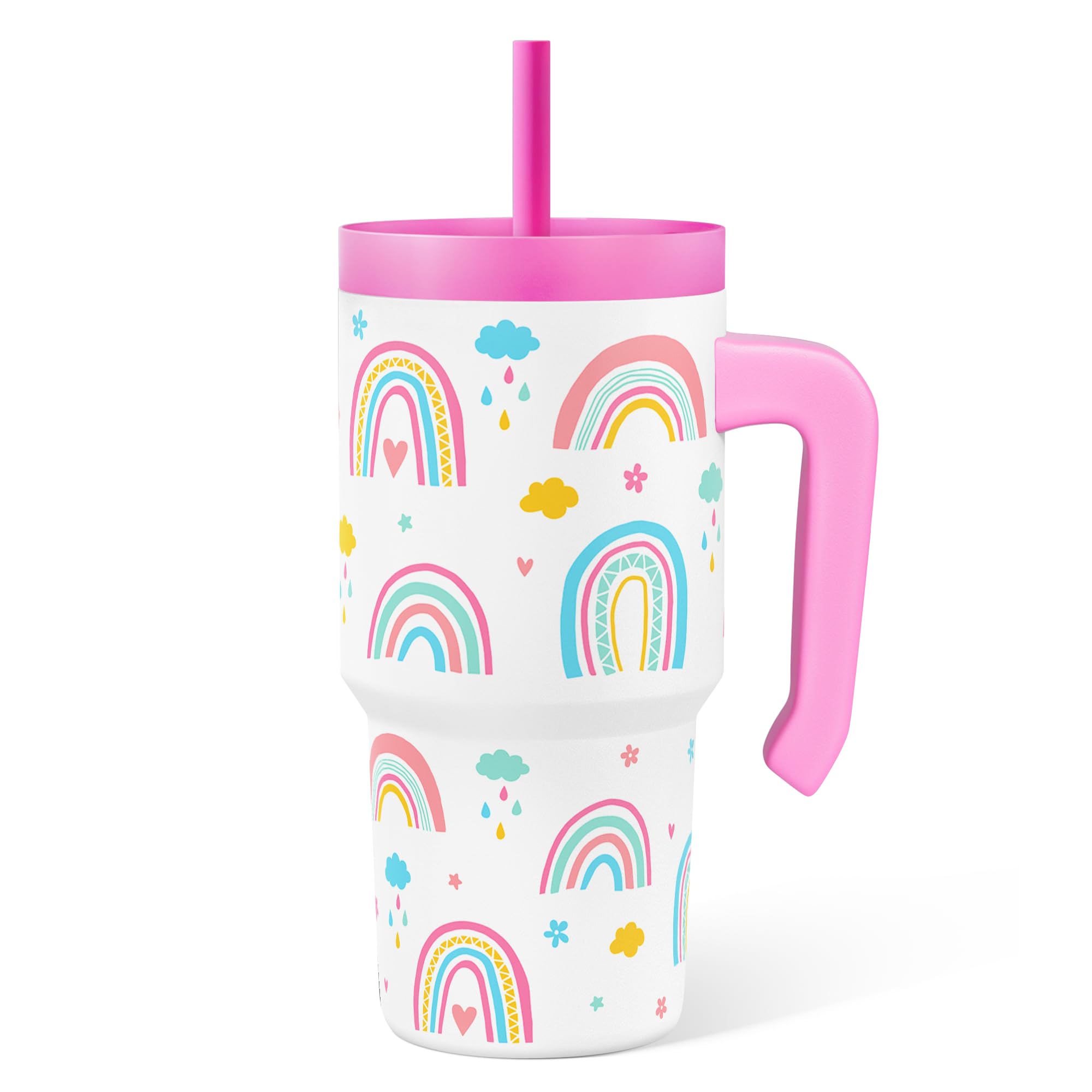 SANDJEST Rainbow Tumbler 20oz with handle offers easy grip for kids at school.