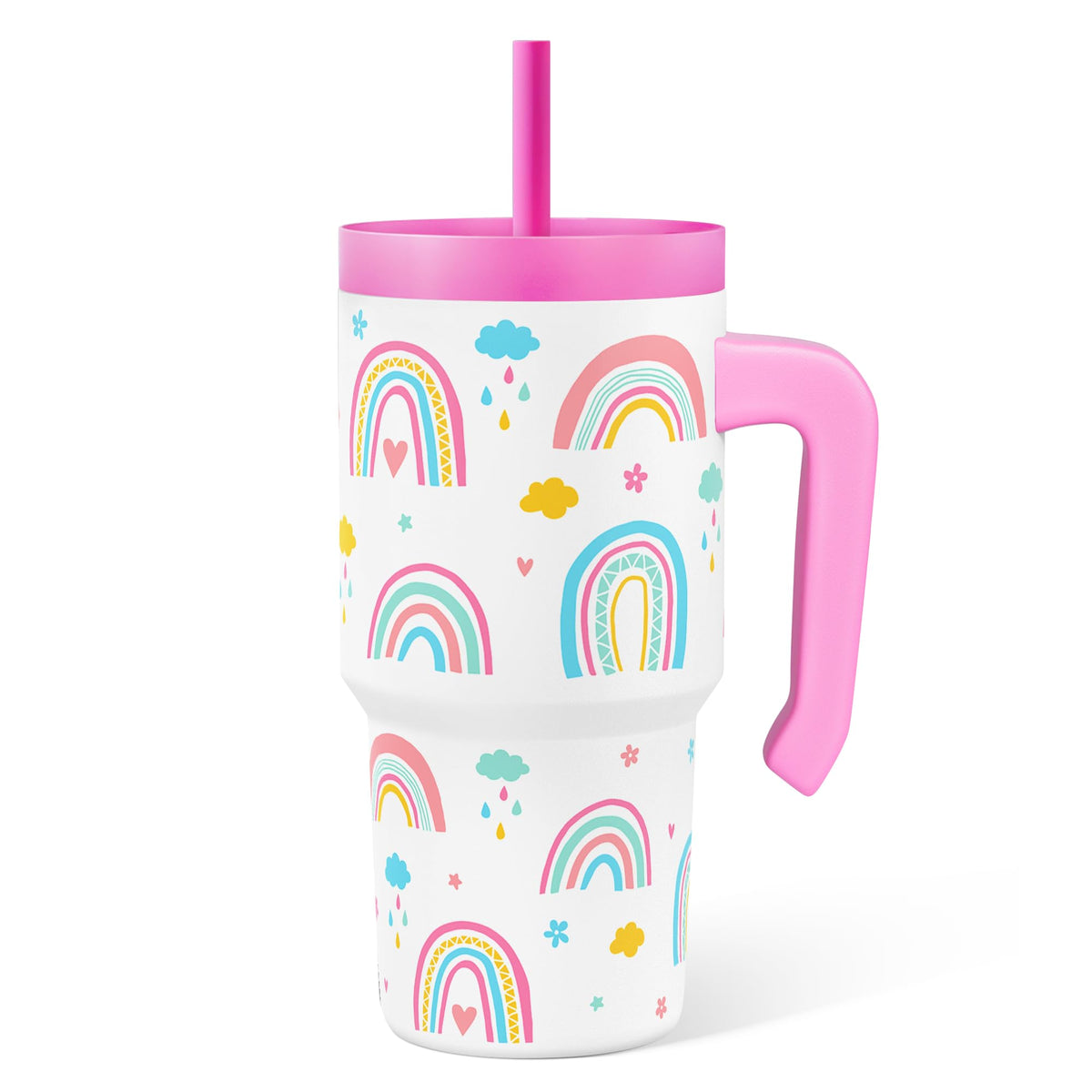 SANDJEST Rainbow Tumbler 20oz with handle offers easy grip for kids at school.