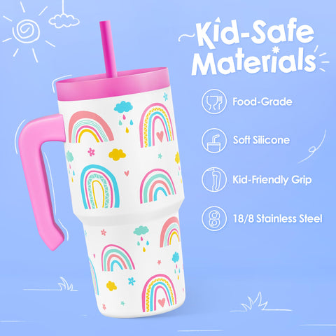 SANDJEST Rainbow Tumbler with silicone straw lid keeps drinks mess-free for kids.