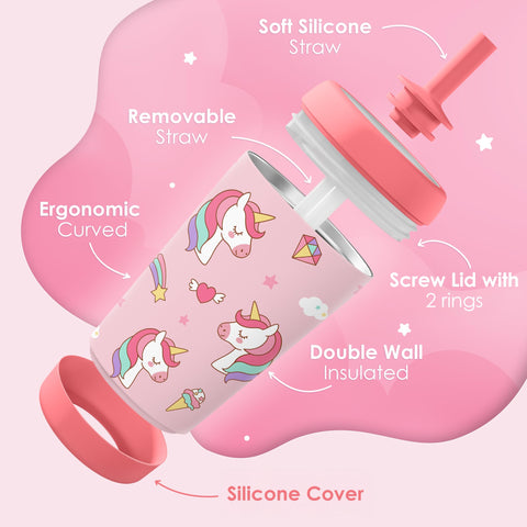 SANDJEST Silicone Straw Valve Tumbler highlighting spill-resistant sipping for kids.