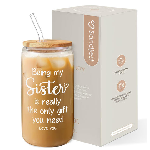 SANDJEST Sister Gift 16oz cup with bamboo lid and straw, perfect for iced coffee on the go.