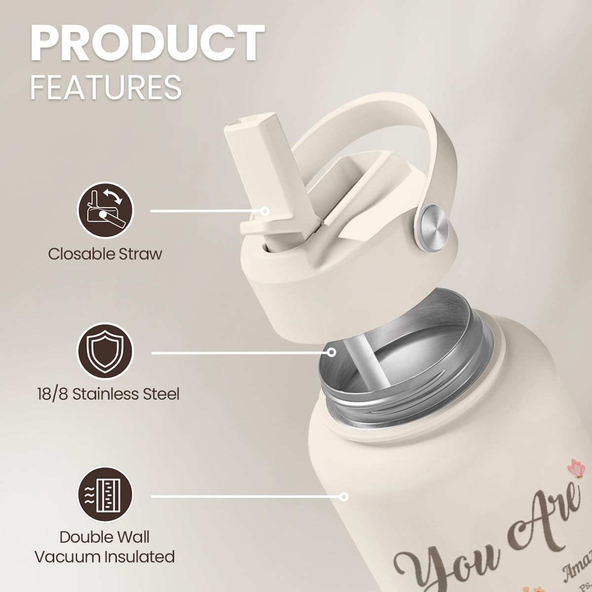 SANDJEST stainless steel bottle lid close-up showing leakproof design for on-the-go use.