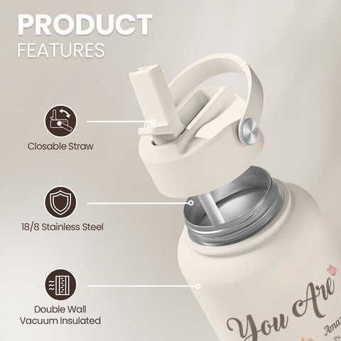 SANDJEST stainless steel bottle lid close-up showing leakproof design for on-the-go use.