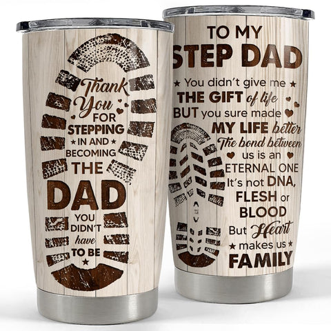 SANDJEST Stepdad tumbler 20oz with insulated steel body for hot or cold drinks.