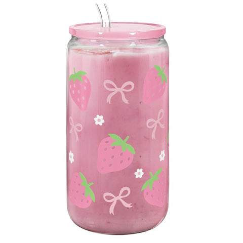 SANDJEST Strawberry 16oz glass tumbler with acrylic lid for iced beverages on the go