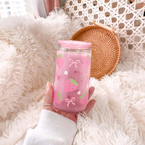 SANDJEST Strawberry 16oz glass tumbler packaged as a gift ready set