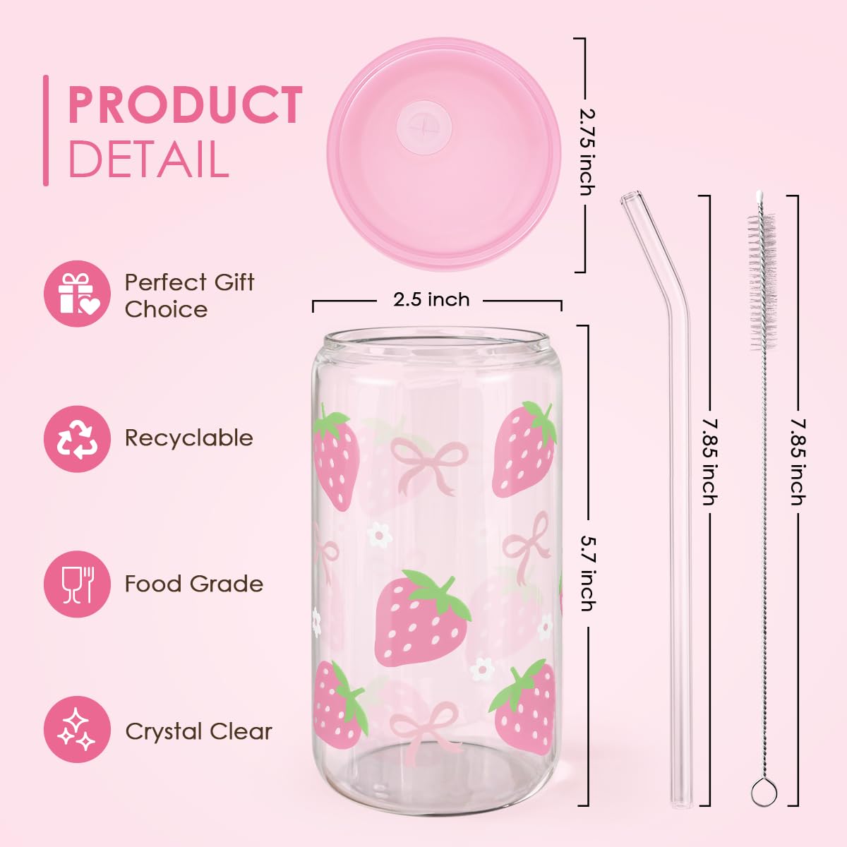 SANDJEST Strawberry 16oz tumbler with lid shown in closeup with ice