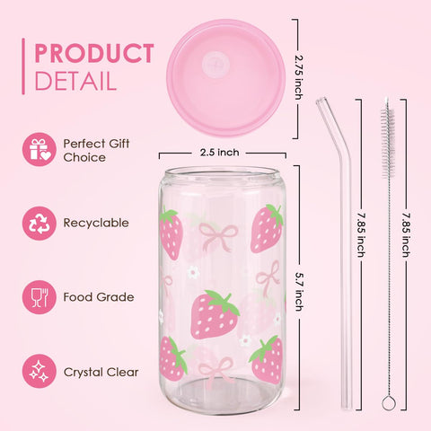 SANDJEST Strawberry 16oz tumbler with lid shown in closeup with ice