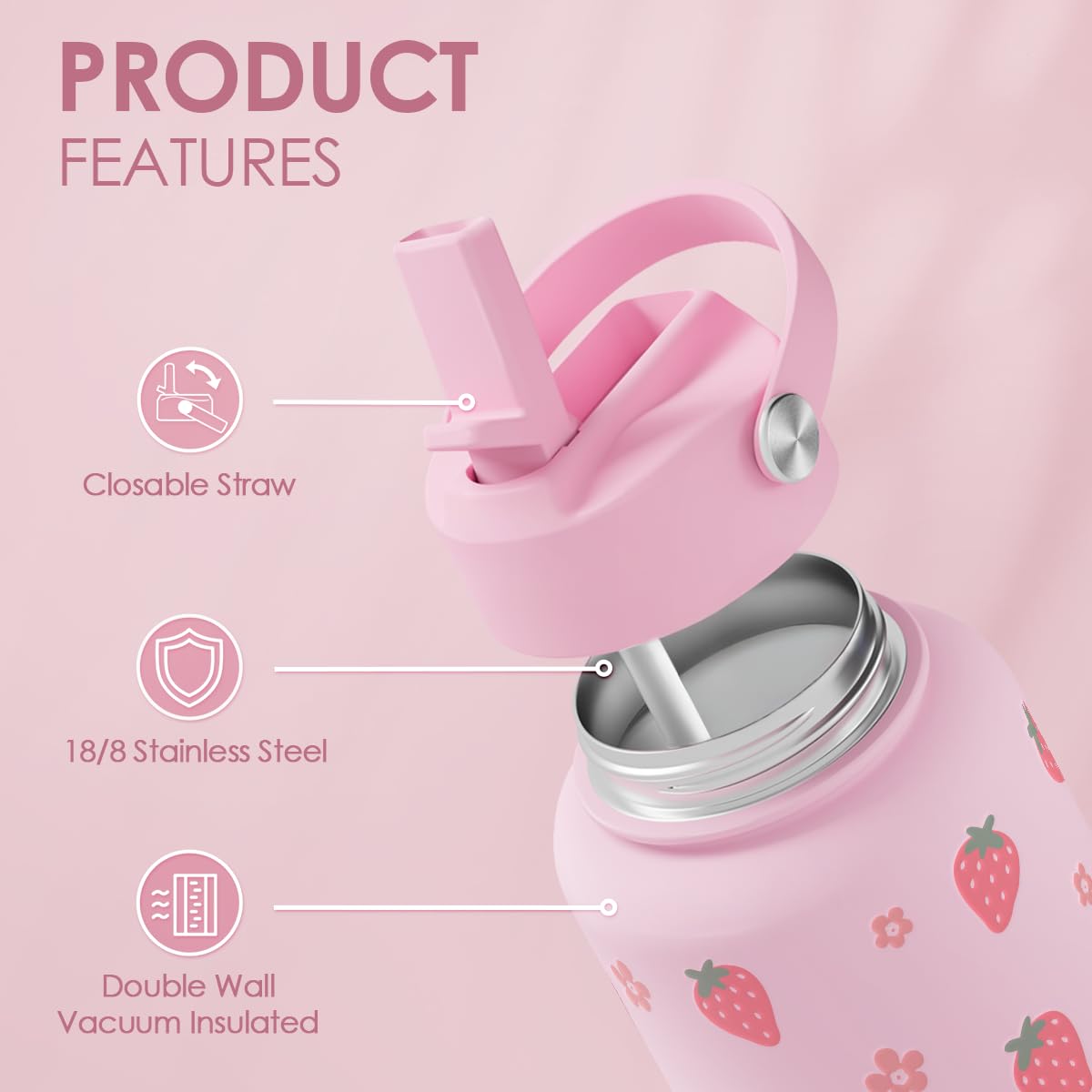 SANDJEST Strawberry bottle with ergonomic grip for easy handling.
