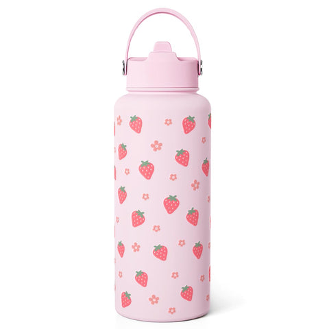 SANDJEST Strawberry bottle front view highlighting 32oz capacity for daily hydration.