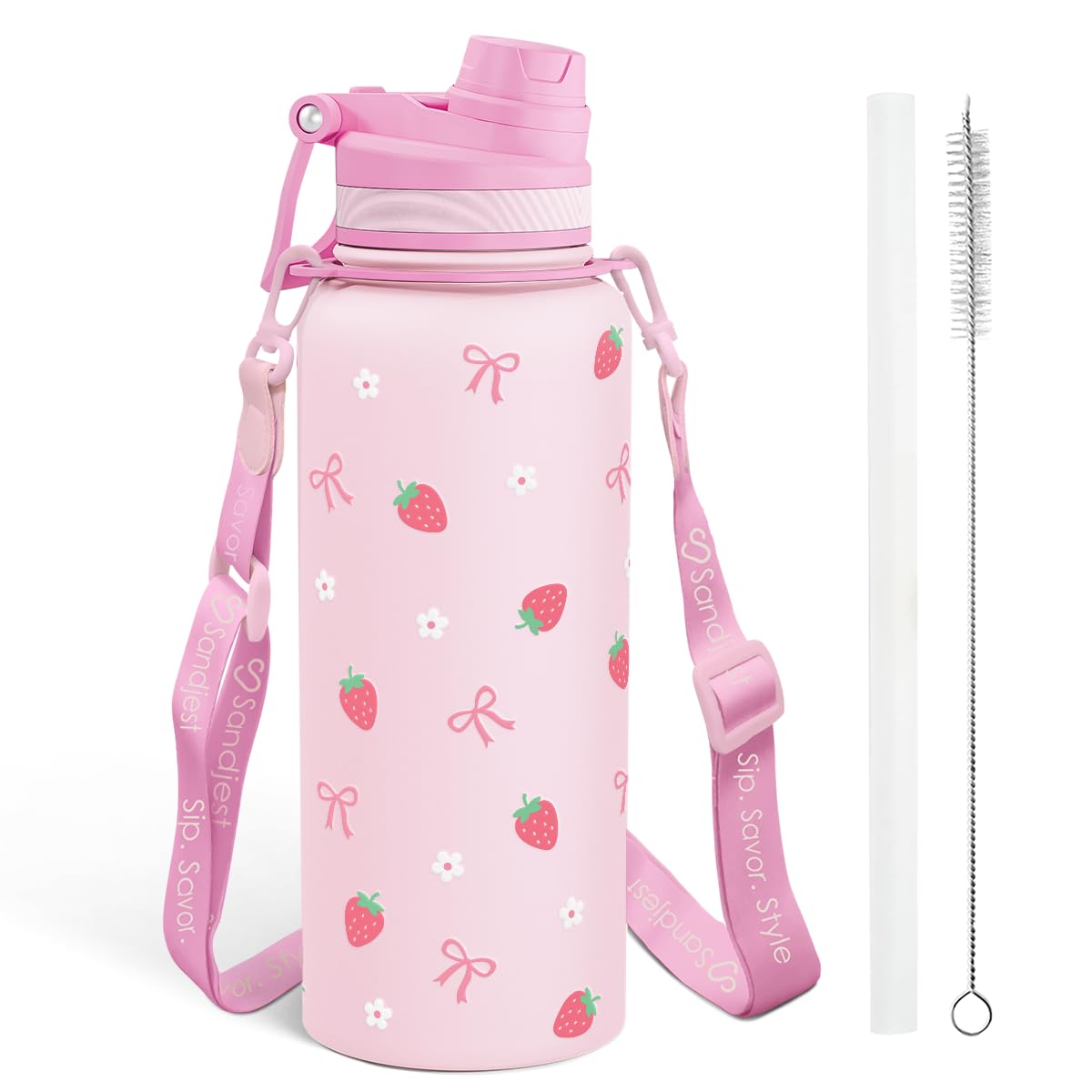 SANDJEST strawberry bottle front view ideal for daily hydration on the go.