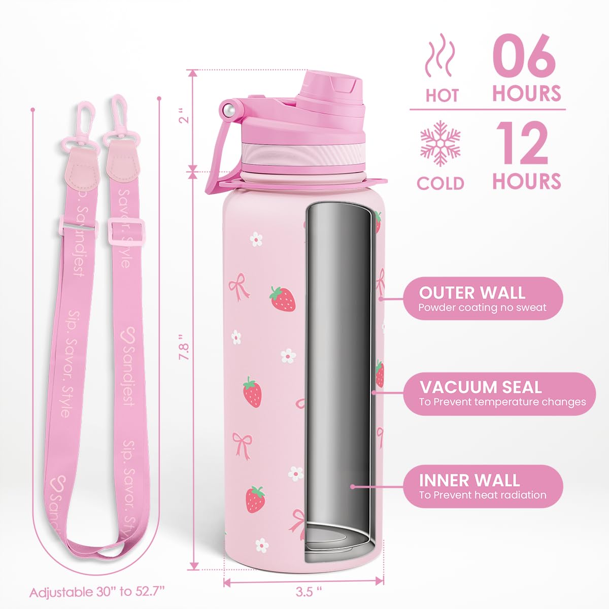 SANDJEST strawberry bottle with strap enables hands-free carry during workouts.