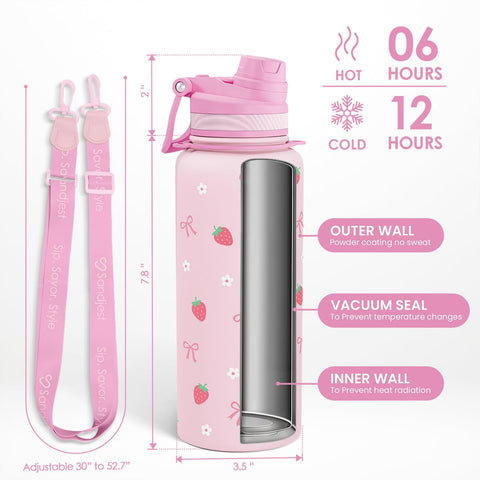 SANDJEST strawberry bottle with strap enables hands-free carry during workouts.