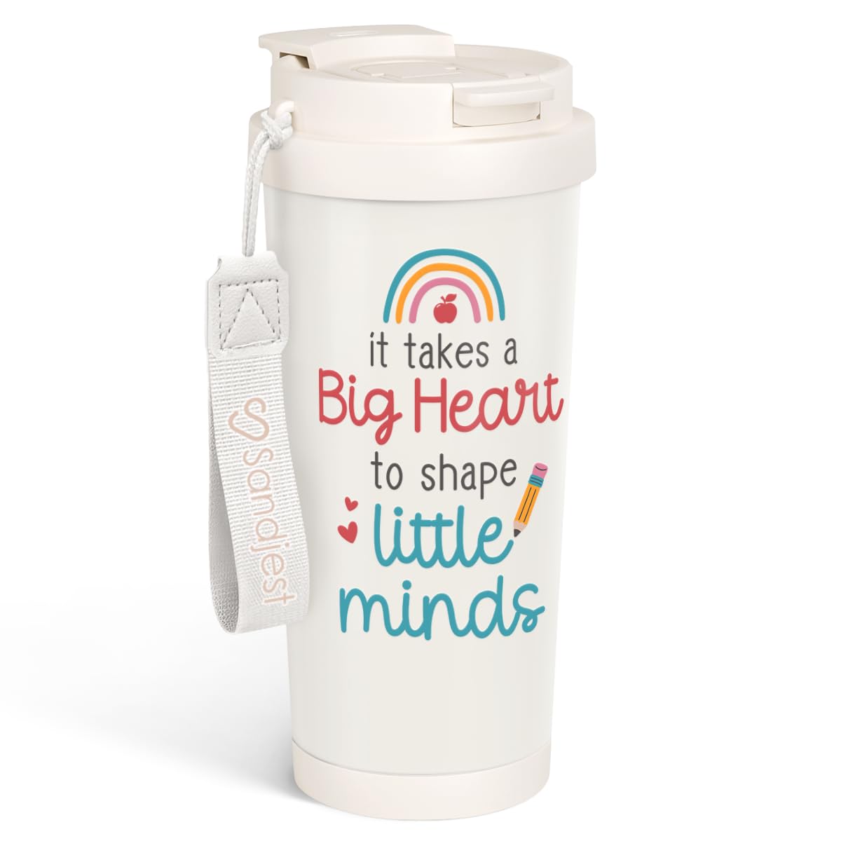 SandJest Teacher Tumbler 18oz with 2-in-1 lid for hot or cold drinks.