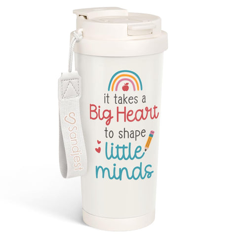SandJest Teacher Tumbler 18oz with 2-in-1 lid for hot or cold drinks.