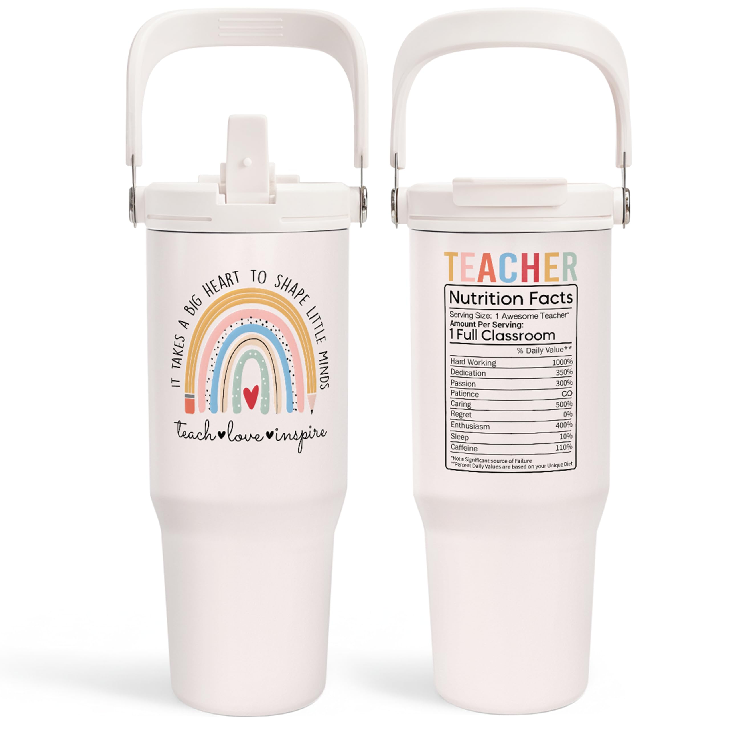 Sandjest teacher tumbler 30oz with handle and flip straw for easy on-the-go sipping.