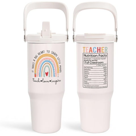 Sandjest teacher tumbler 30oz with handle and flip straw for easy on-the-go sipping.