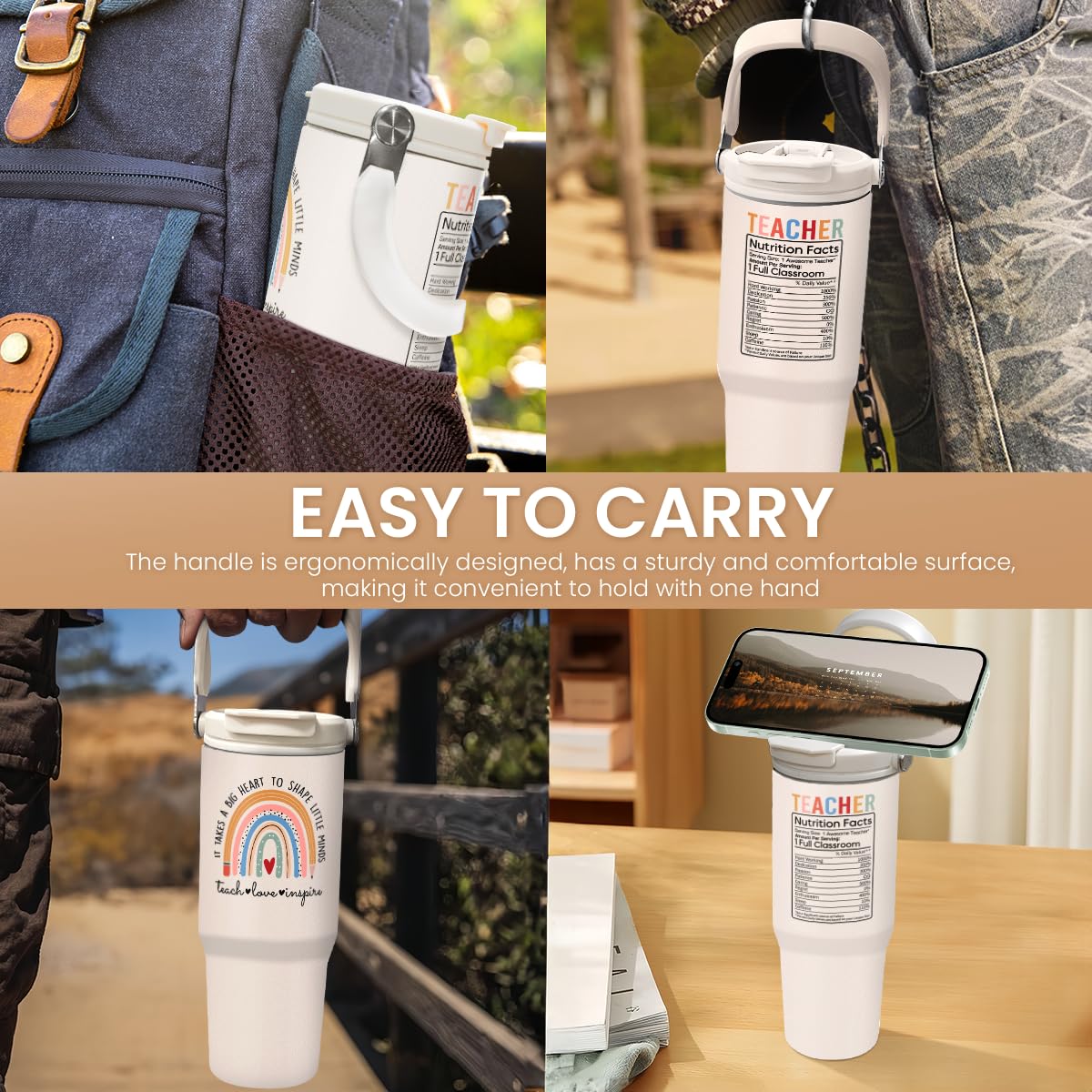 Sandjest travel coffee cup with handle for secure carry during commutes.
