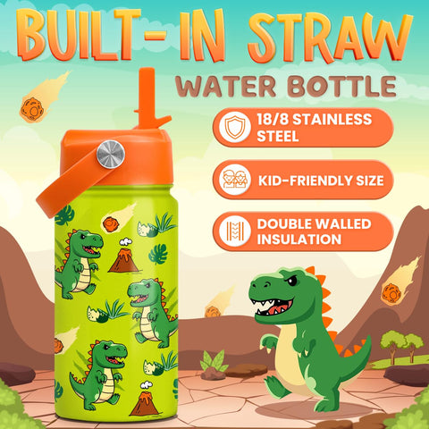 SANDJEST T-Rex bottle closeup design, durable stainless steel for active kids