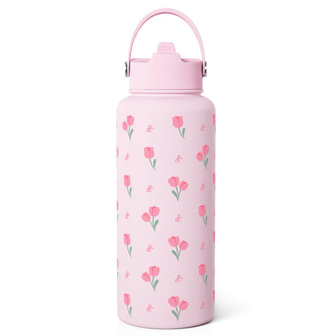 Sandjest tulip-design bottle lid demonstrates leakproof performance for travel and bag safety.