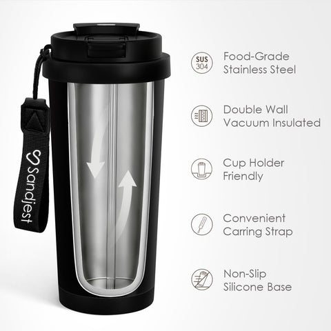 SANDJEST 2-in-1 lid tumbler showing easy pour for travel.