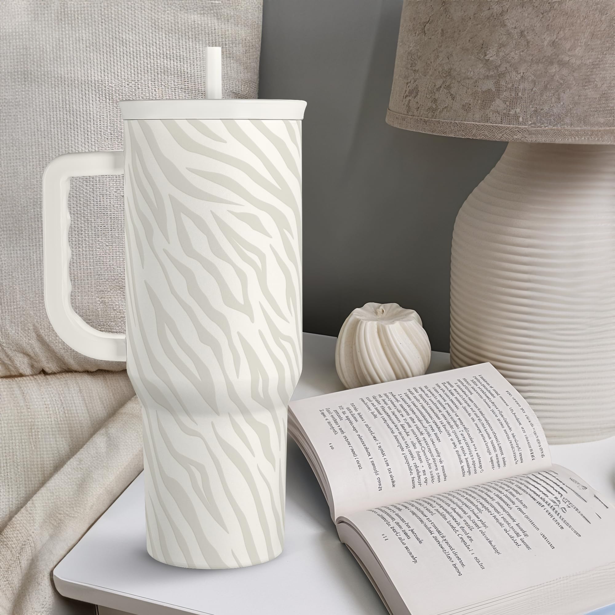 SANDJEST Zebra Skin 40oz at the desk keeps beverages within reach.