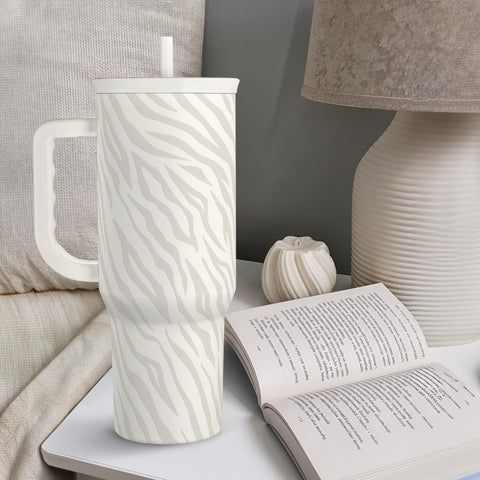 SANDJEST Zebra Skin 40oz at the desk keeps beverages within reach.