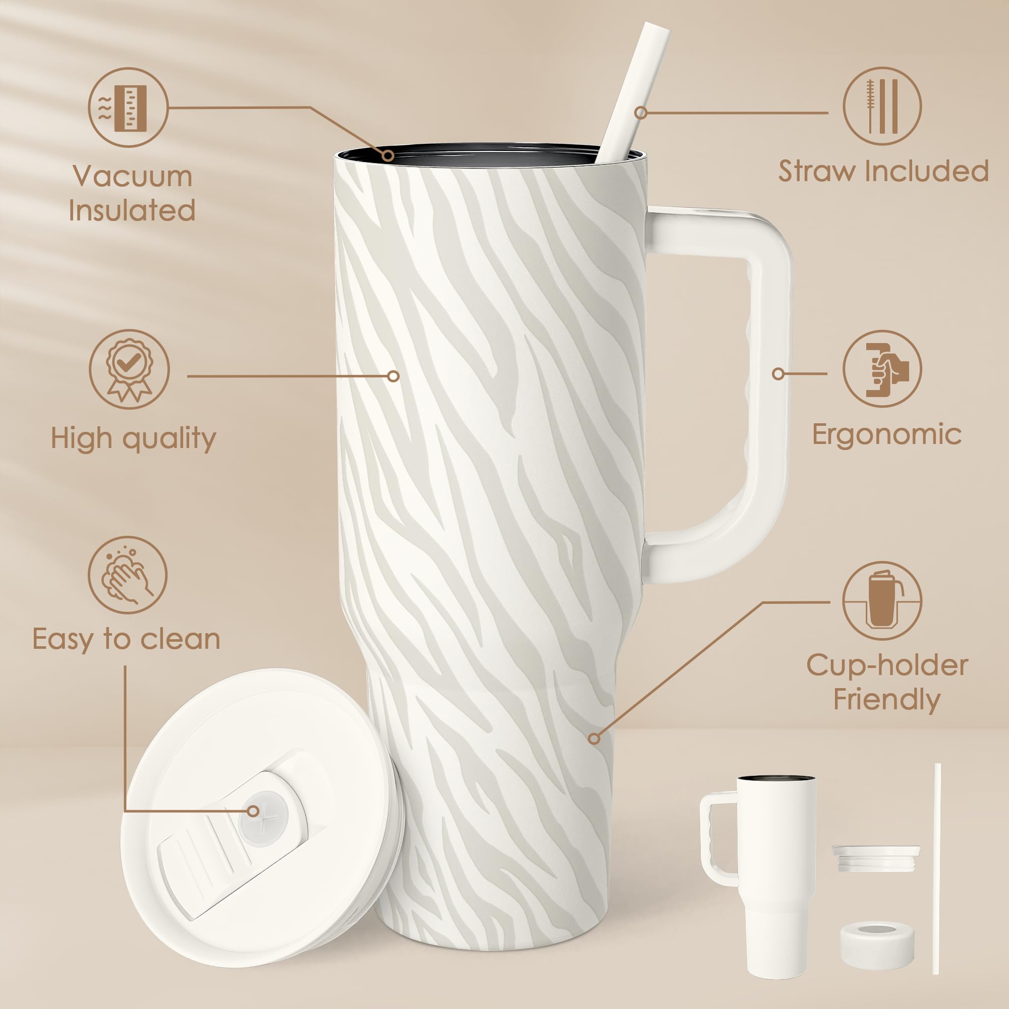 SANDJEST Zebra Skin 40oz tumbler with straw for spill-free sipping on the go.