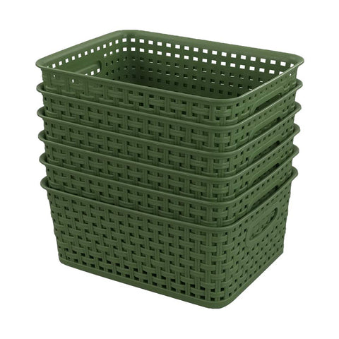 Sandmovie plastic weave basket in green for kitchen storage and quick, easy organization.