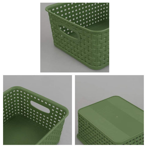 Sandmovie plastic weave basket with built-in handles for easy carrying.
