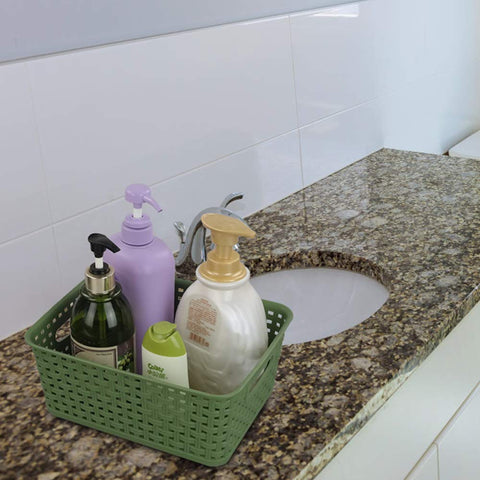 Sandmovie plastic basket fits compact shelves for pantry organization.